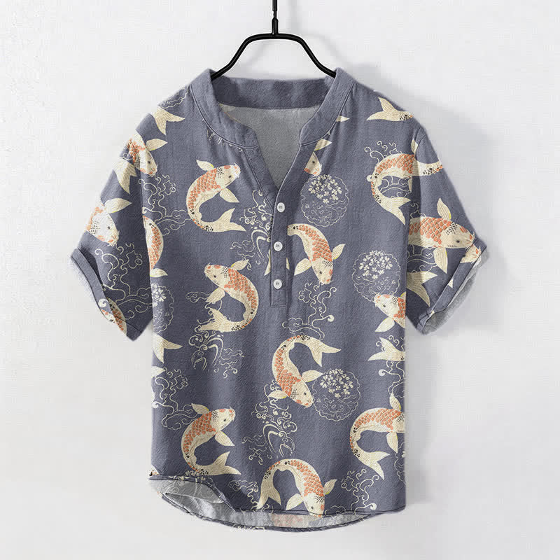 Buddha Stones Chemise à manches courtes et demi-boutonnée pour homme, motif vagues de carpes koï en coton - Gris ardoise - US/UK/AU50，EU60 (5XL) - image 5
