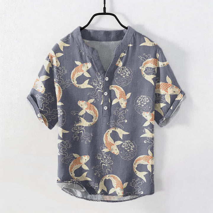 Buddha Stones Chemise à manches courtes et demi-boutonnée pour homme, motif vagues de carpes koï en coton - Gris ardoise - US/UK/AU50，EU60 (5XL) - image 5