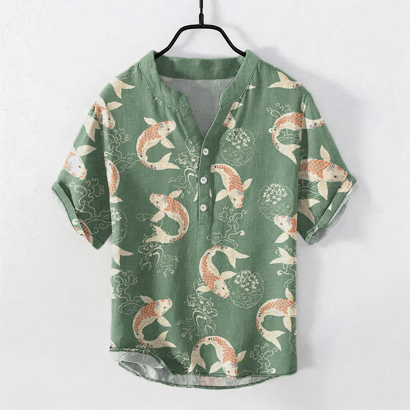 Buddha Stones Chemise à manches courtes et demi-boutonnée pour homme, motif vagues de carpes koï en coton - Vert mer moyen - US/UK/AU50，EU60 (5XL) - image 7