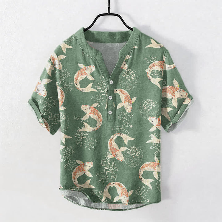 Buddha Stones Chemise à manches courtes et demi-boutonnée pour homme, motif vagues de carpes koï en coton - Vert mer moyen - US/UK/AU50，EU60 (5XL) - image 7