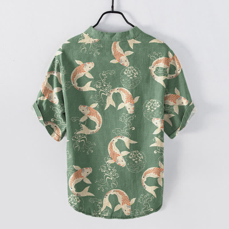 Buddha Stones Chemise à manches courtes et demi-boutonnée pour homme, motif vagues de carpes koï en coton - image 8