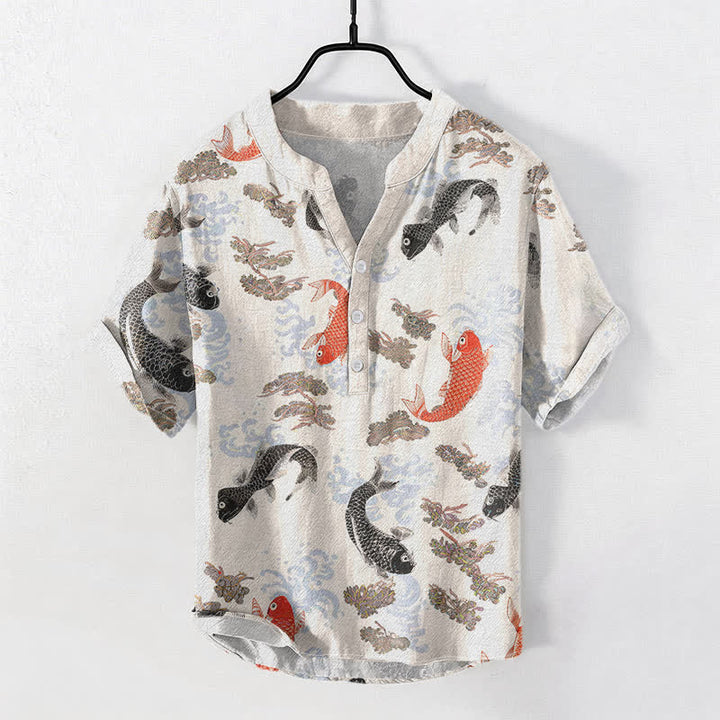 Buddha Stones Chemise à manches courtes pour homme en coton à motif de carpes koï et de vagues - Lin - US/UK/AU50，EU60 (5XL) - image 0