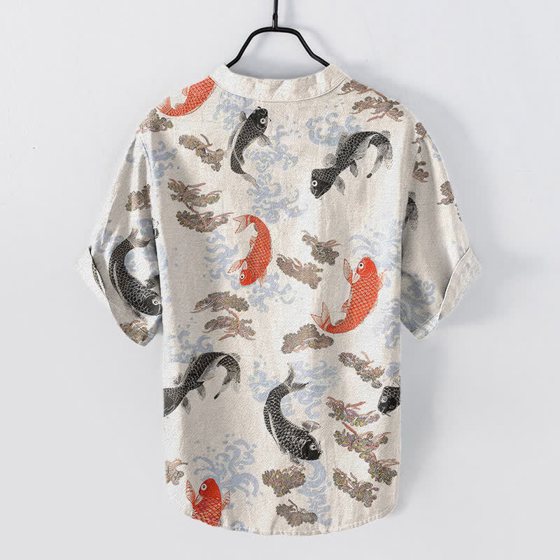 Buddha Stones Chemise à manches courtes pour homme en coton à motif de carpes koï et de vagues - image 1