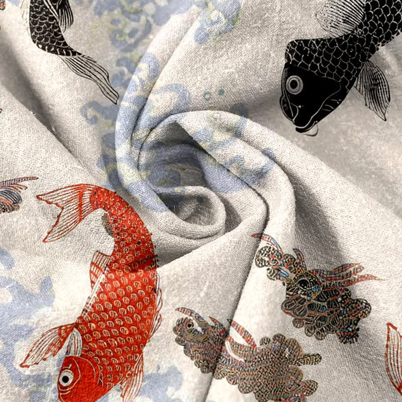 Buddha Stones Chemise à manches courtes pour homme en coton à motif de carpes koï et de vagues - image 2