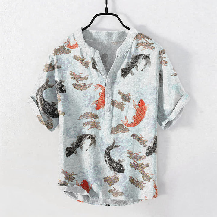 Buddha Stones Chemise à manches courtes pour homme en coton à motif de carpes koï et de vagues - Cyan clair - US/UK/AU50，EU60 (5XL) - image 3