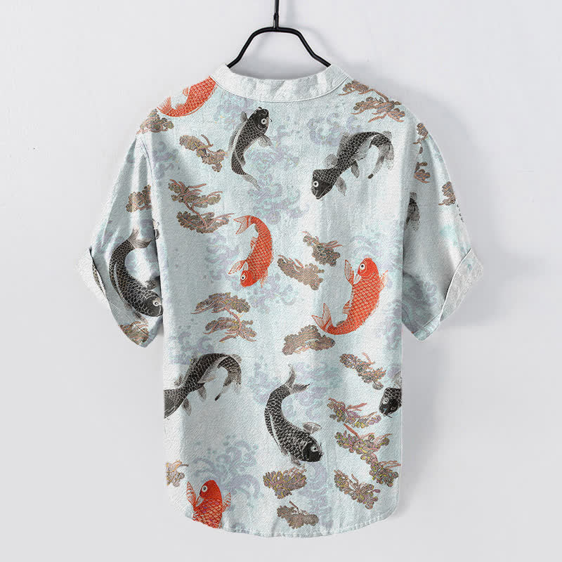 Buddha Stones Chemise à manches courtes pour homme en coton à motif de carpes koï et de vagues - image 4