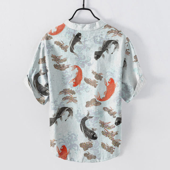 Buddha Stones Chemise à manches courtes pour homme en coton à motif de carpes koï et de vagues - image 4