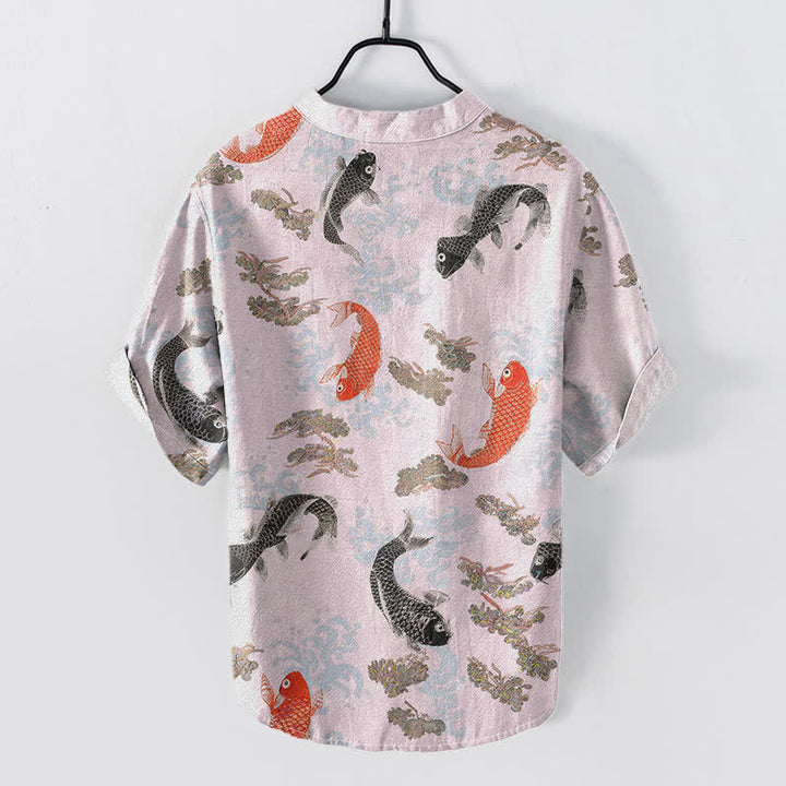 Buddha Stones Chemise à manches courtes pour homme en coton à motif de carpes koï et de vagues - image 6
