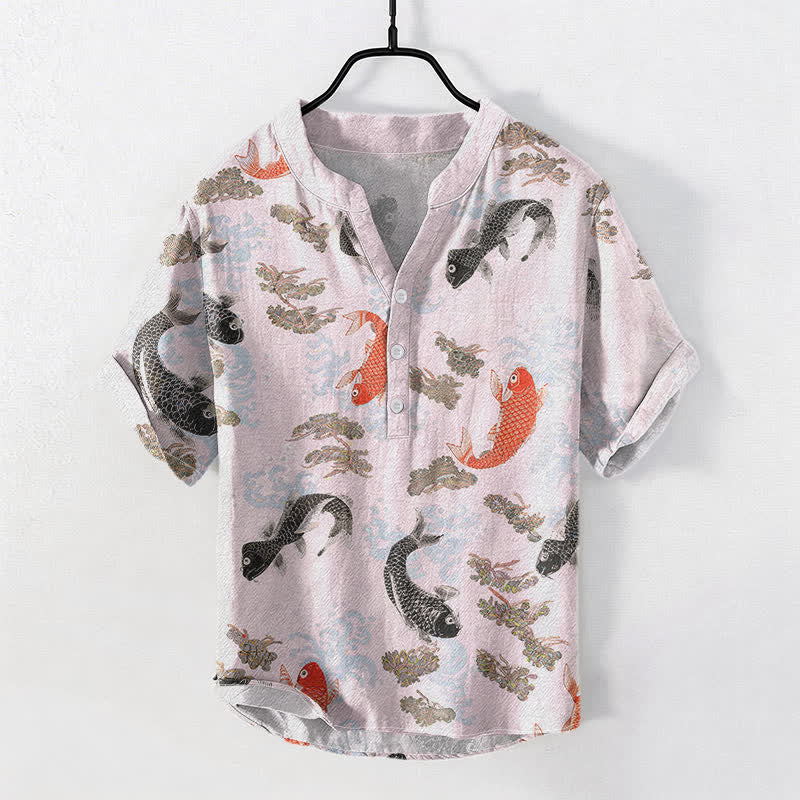 Buddha Stones Chemise à manches courtes pour homme en coton à motif de carpes koï et de vagues - LavandeBlush - US/UK/AU50，EU60 (5XL) - image 5