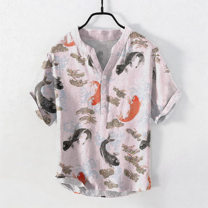 Buddha Stones Chemise à manches courtes pour homme en coton à motif de carpes koï et de vagues - LavandeBlush - US/UK/AU50，EU60 (5XL) - image 5