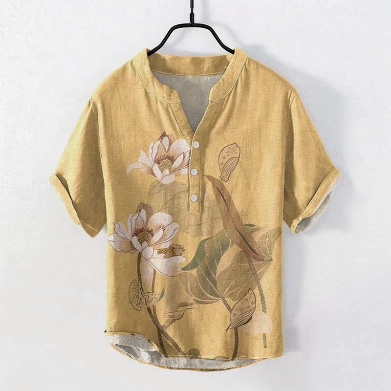 Buddha Stones Chemise homme à manches courtes et demi-boutons, en coton peint à la main, motif lotus - Blé - US/UK/AU50，EU60 (5XL) - image 0