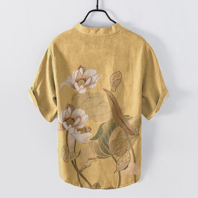 Buddha Stones Chemise homme à manches courtes et demi-boutons, en coton peint à la main, motif lotus - image 1