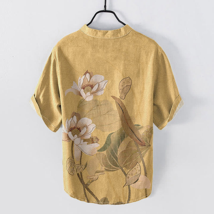 Buddha Stones Chemise homme à manches courtes et demi-boutons, en coton peint à la main, motif lotus - image 1
