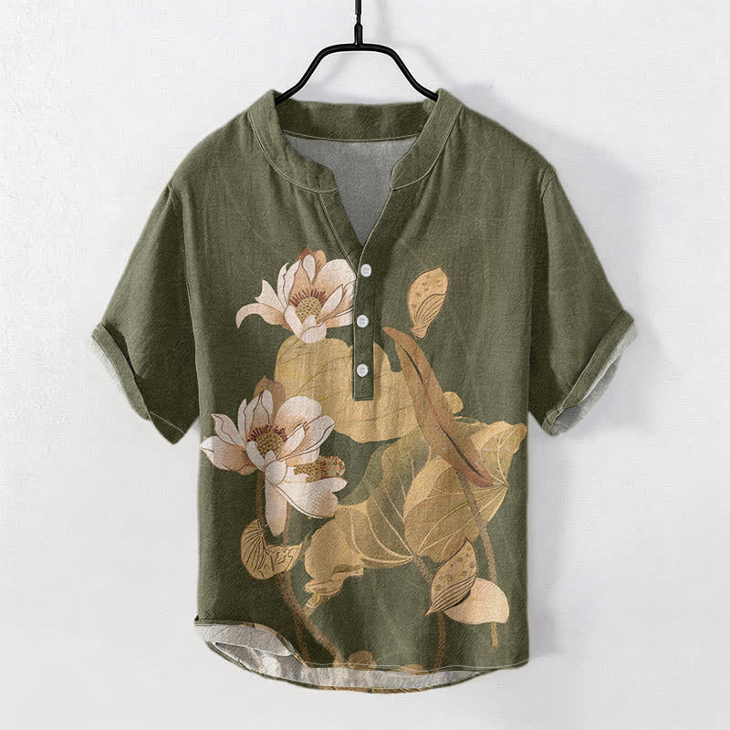 Buddha Stones Chemise homme à manches courtes et demi-boutons, en coton peint à la main, motif lotus - Vert olive foncé - US/UK/AU50，EU60 (5XL) - image 3