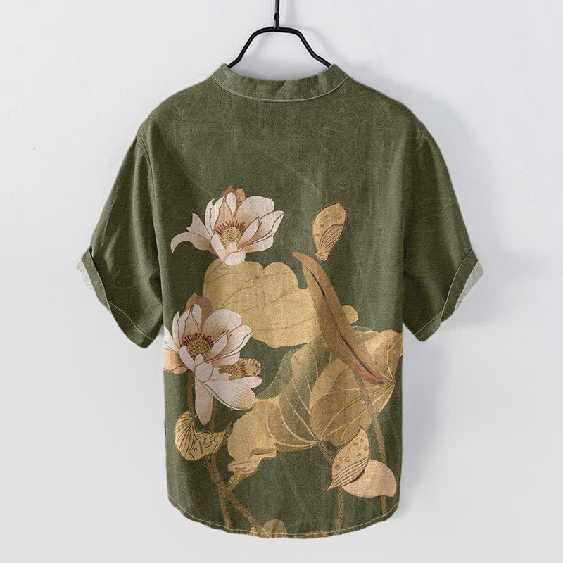 Buddha Stones Chemise homme à manches courtes et demi-boutons, en coton peint à la main, motif lotus - image 4