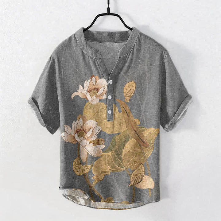 Buddha Stones Chemise homme à manches courtes et demi-boutons, en coton peint à la main, motif lotus - Gris - US/UK/AU50，EU60 (5XL) - image 5