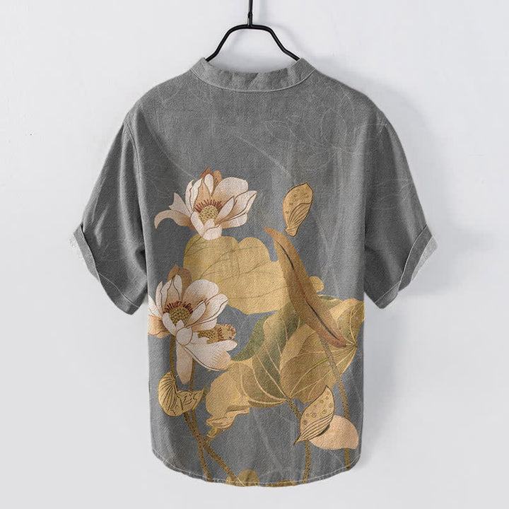 Buddha Stones Chemise homme à manches courtes et demi-boutons, en coton peint à la main, motif lotus - image 6