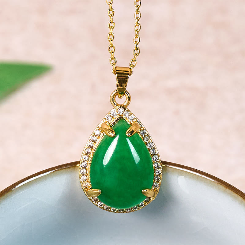 Buddha Stones Collier pendentif en argent sterling 925, style rétro, avec agate verte et cuivre en forme de larme, symbole de chance et de richesse. Chaîne et pendentif en agate verte et cuivre en forme de larme. - Agate verte (Dimensions du pendentif : environ 2 x 1 cm) - image 0