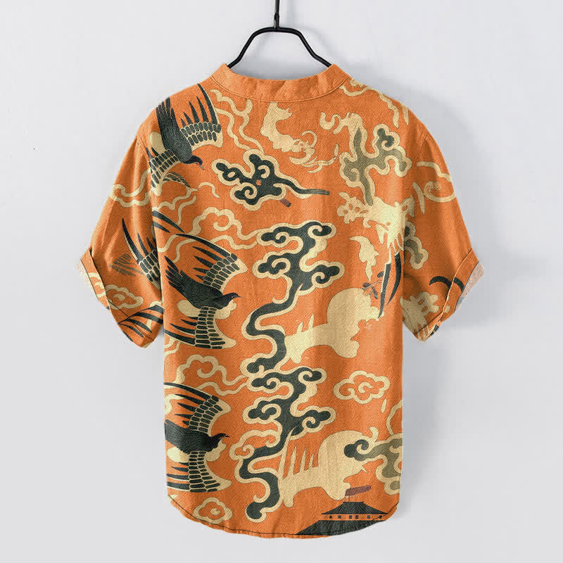 Buddha Stones Chemise homme à manches courtes et demi-boutonnée, motif grue et nuage en coton - image 1
