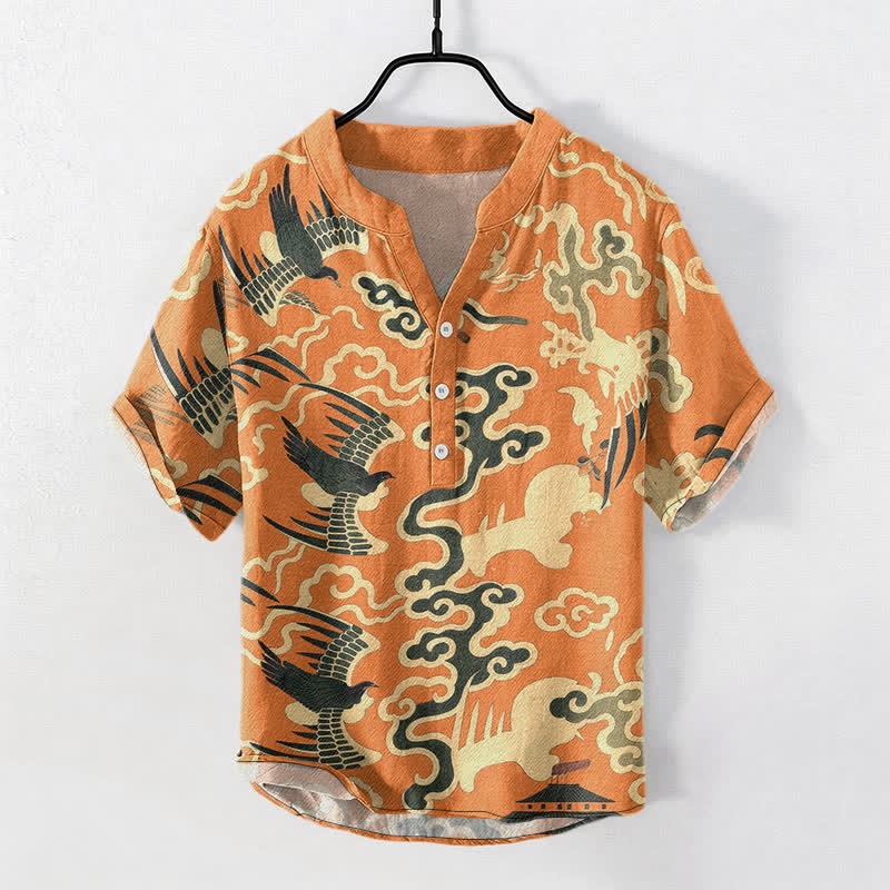 Buddha Stones Chemise homme à manches courtes et demi-boutonnée, motif grue et nuage en coton - Orange foncé - US/UK/AU50，EU60 (5XL) - image 0