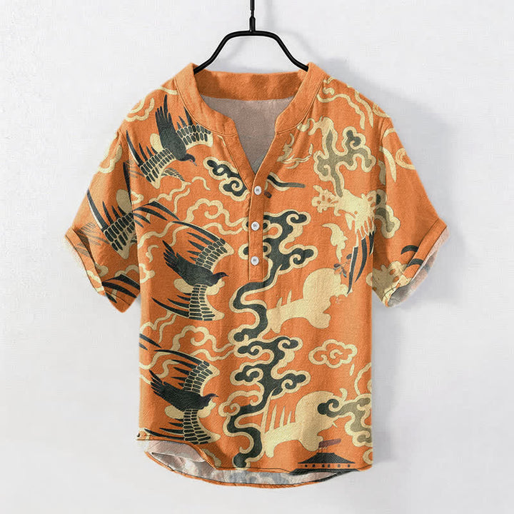 Buddha Stones Chemise homme à manches courtes et demi-boutonnée, motif grue et nuage en coton - Orange foncé - US/UK/AU50，EU60 (5XL) - image 0