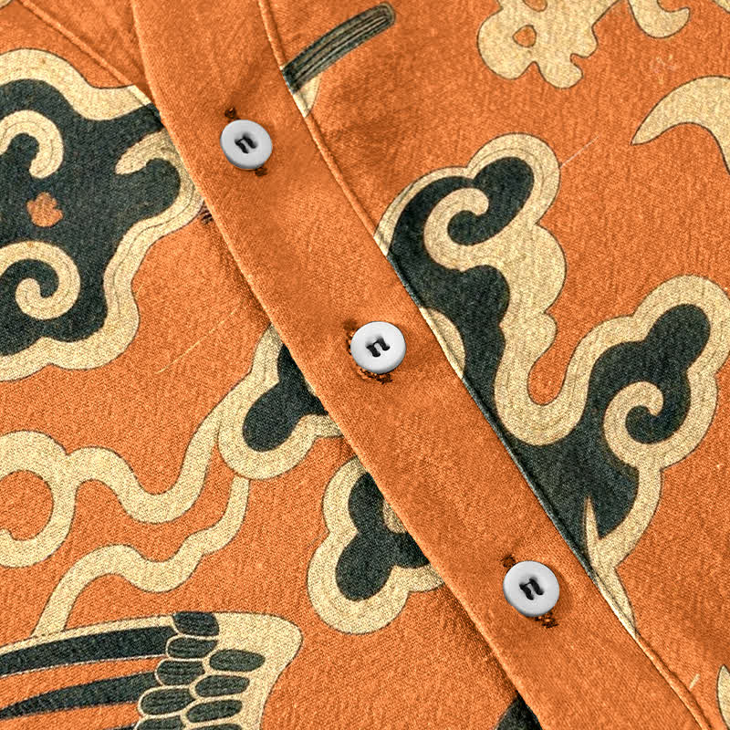 Buddha Stones Chemise homme à manches courtes et demi-boutonnée, motif grue et nuage en coton - image 3