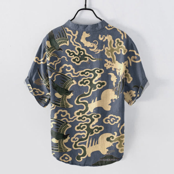 Buddha Stones Chemise homme à manches courtes et demi-boutonnée, motif grue et nuage en coton - image 6