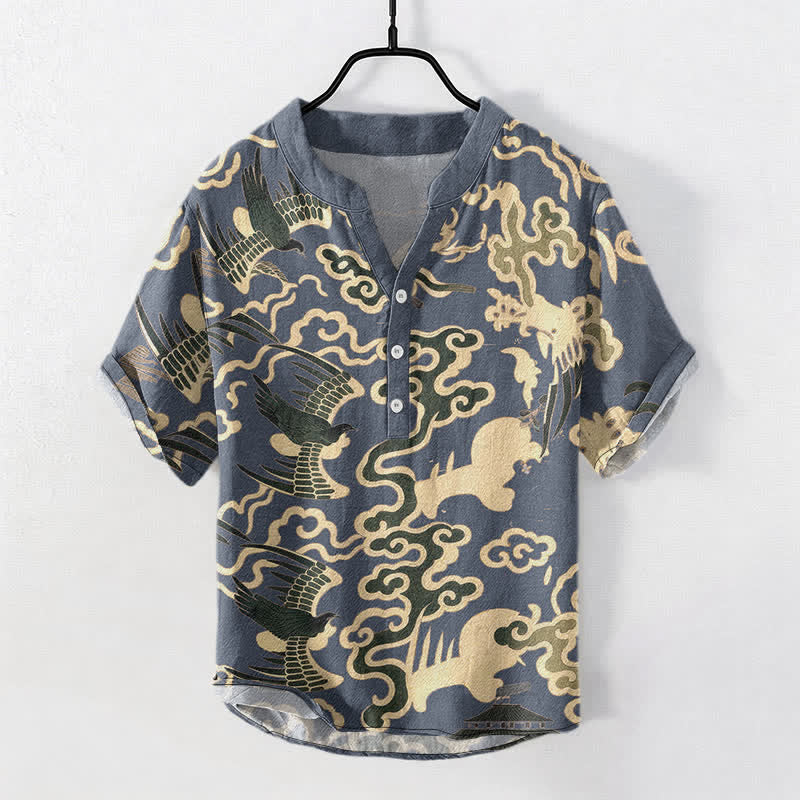 Buddha Stones Chemise homme à manches courtes et demi-boutonnée, motif grue et nuage en coton - Gris ardoise - US/UK/AU50，EU60 (5XL) - image 5