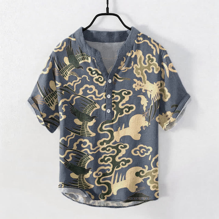 Buddha Stones Chemise homme à manches courtes et demi-boutonnée, motif grue et nuage en coton - Gris ardoise - US/UK/AU50，EU60 (5XL) - image 5