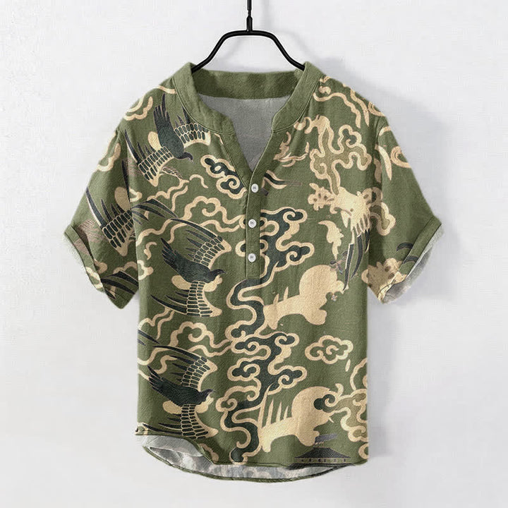 Buddha Stones Chemise homme à manches courtes et demi-boutonnée, motif grue et nuage en coton - Vert olive - US/UK/AU50，EU60 (5XL) - image 7
