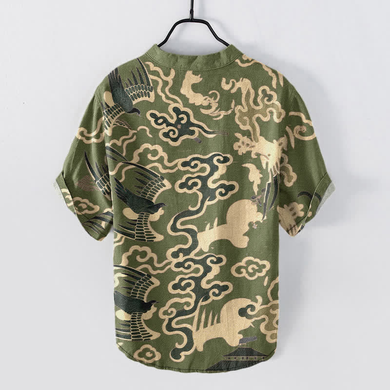 Buddha Stones Chemise homme à manches courtes et demi-boutonnée, motif grue et nuage en coton - image 8