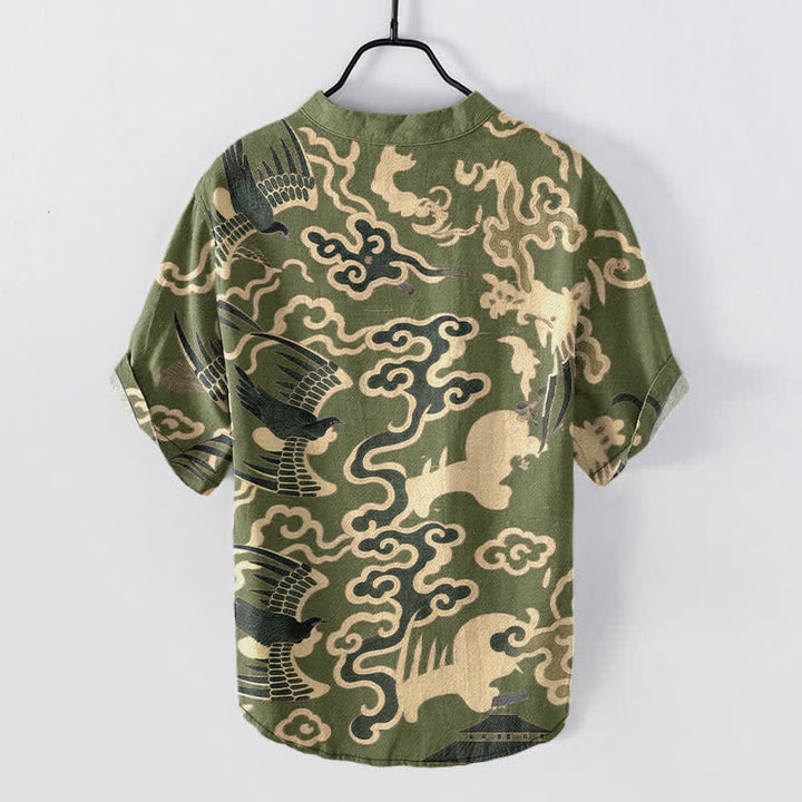 Buddha Stones Chemise homme à manches courtes et demi-boutonnée, motif grue et nuage en coton - image 8
