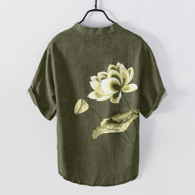 Buddha Stones Chemise homme à manches courtes et demi-boutonnages, motif lotus aquarelle en coton - image 1
