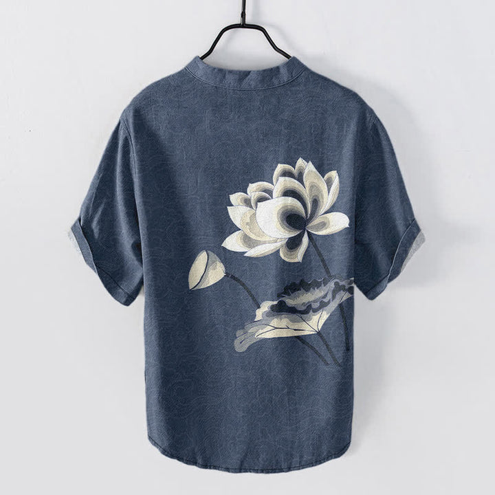 Buddha Stones Chemise homme à manches courtes et demi-boutonnages, motif lotus aquarelle en coton - image 6