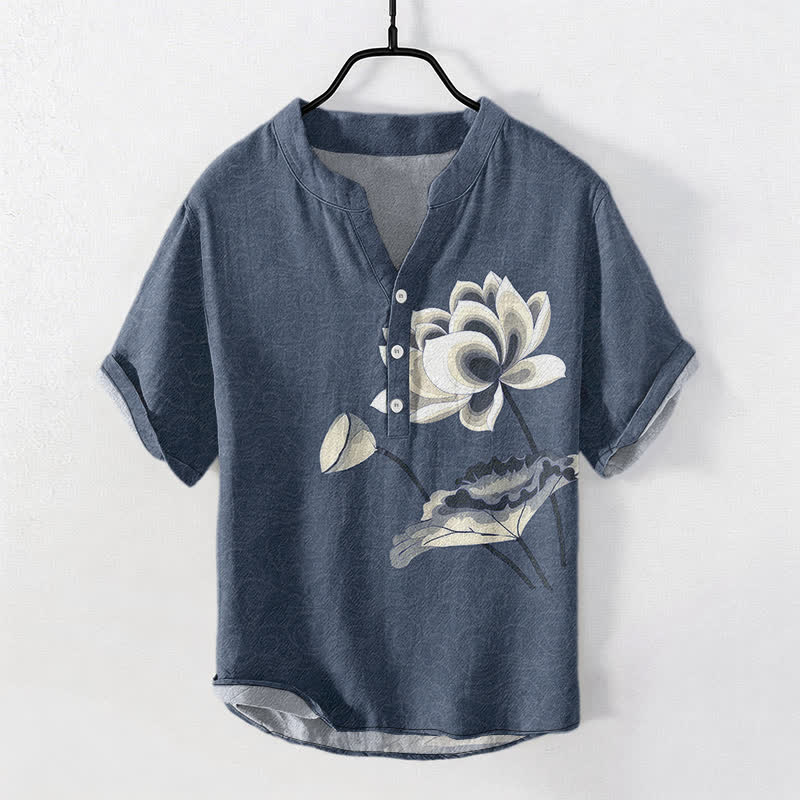 Buddha Stones Chemise homme à manches courtes et demi-boutonnages, motif lotus aquarelle en coton - SteelBlue - US/UK/AU50，EU60 (5XL) - image 5