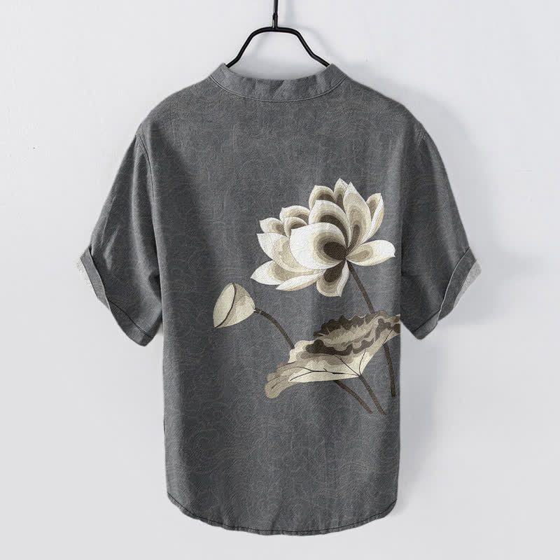 Buddha Stones Chemise homme à manches courtes et demi-boutonnages, motif lotus aquarelle en coton - image 8