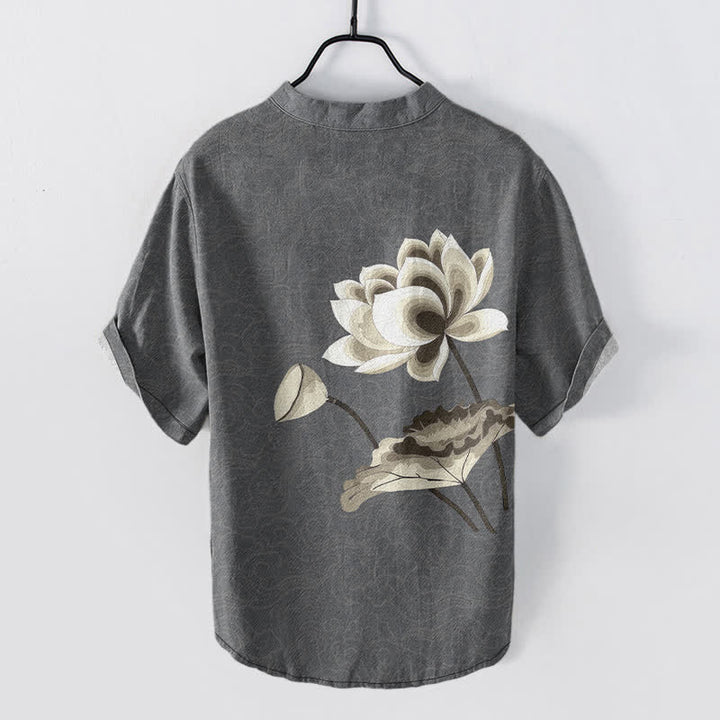 Buddha Stones Chemise homme à manches courtes et demi-boutonnages, motif lotus aquarelle en coton - image 8