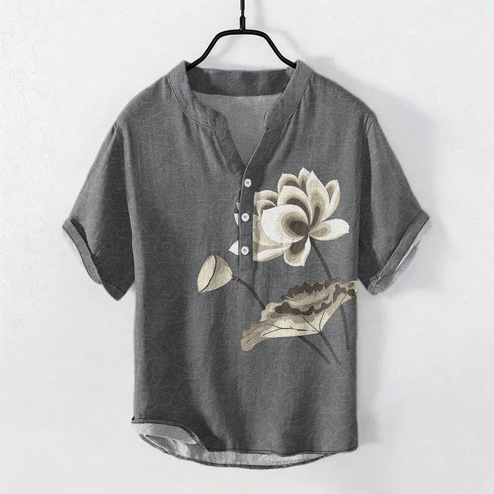 Buddha Stones Chemise homme à manches courtes et demi-boutonnages, motif lotus aquarelle en coton - Gris terne - US/UK/AU50，EU60 (5XL) - image 7