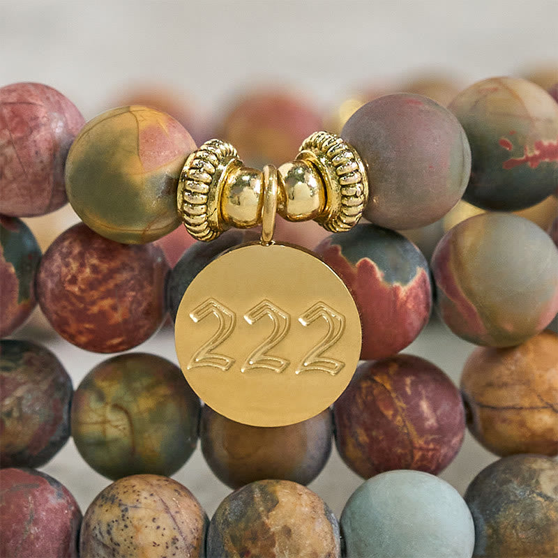 Buddha Stones Mala en perles de jaspe Picasso, numéro angélique 222 et 108, ornée du chiffre 108. Mala énergétique. - image 5