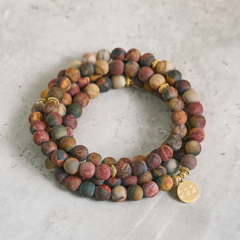 Buddha Stones Mala en perles de jaspe Picasso, numéro angélique 222 et 108, ornée du chiffre 108. Mala énergétique. - 222 - image 0