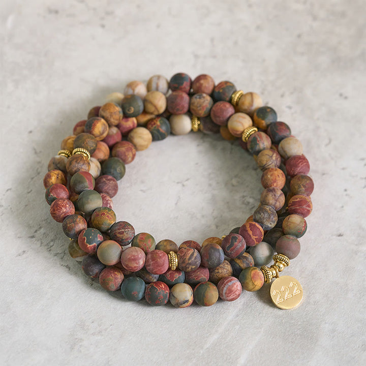 Buddha Stones Mala en perles de jaspe Picasso, numéro angélique 222 et 108, ornée du chiffre 108. Mala énergétique. - 222 - image 0