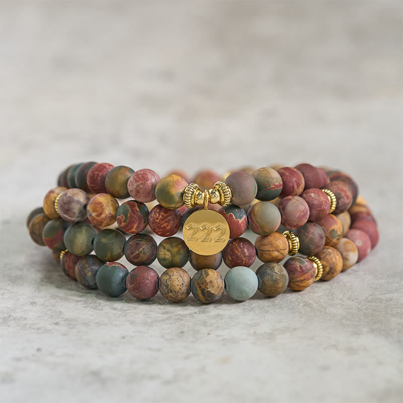 Buddha Stones Mala en perles de jaspe Picasso, numéro angélique 222 et 108, ornée du chiffre 108. Mala énergétique. - image 2