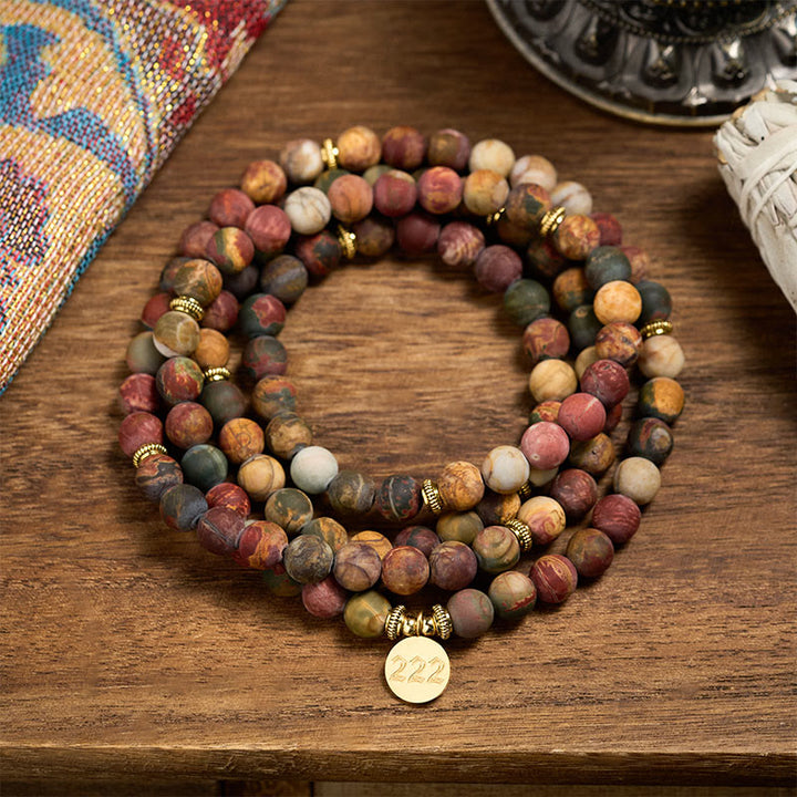 Buddha Stones Mala en perles de jaspe Picasso, numéro angélique 222 et 108, ornée du chiffre 108. Mala énergétique. - image 3
