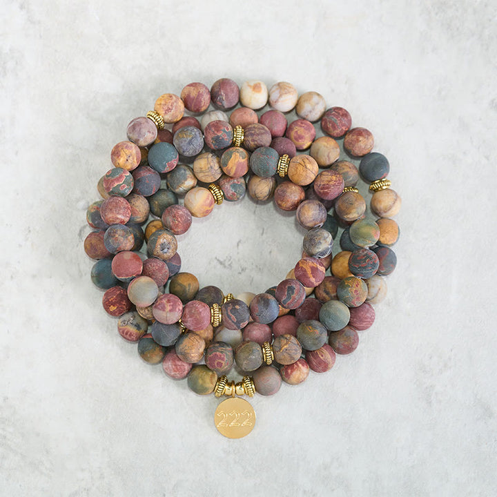 Buddha Stones Mala en perles de jaspe Picasso, numéro angélique 222 et 108, ornée du chiffre 108. Mala énergétique. - image 1