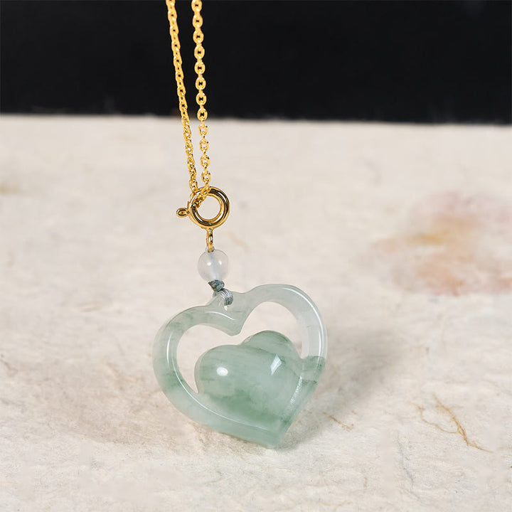 Buddha Stones Pendentif collier en jade en forme de cœur creux, symbole d'abondance et d'amour - image 1