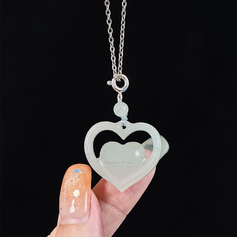 Buddha Stones Pendentif collier en jade en forme de cœur creux, symbole d'abondance et d'amour - image 3