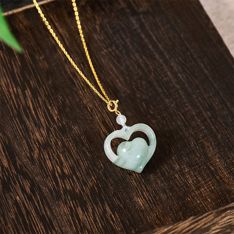 Buddha Stones Pendentif collier en jade en forme de cœur creux, symbole d'abondance et d'amour - image 4