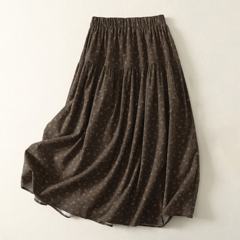 Buddha Stones Jupes fleuries marron à petits motifs, style vintage printemps, pour femmes - SaddleBrown - US6，UK/AU10，EU38 (XL) - image 0