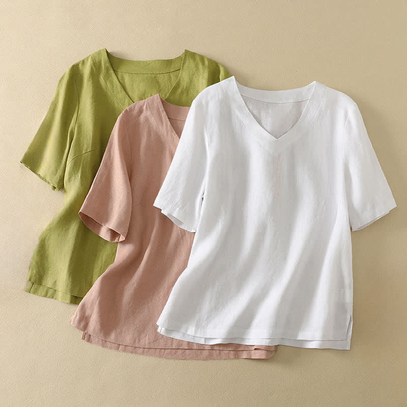 Buddha Stones T-shirts d'été minimalistes à col en V, unis, à manches courtes pour femmes - image 20