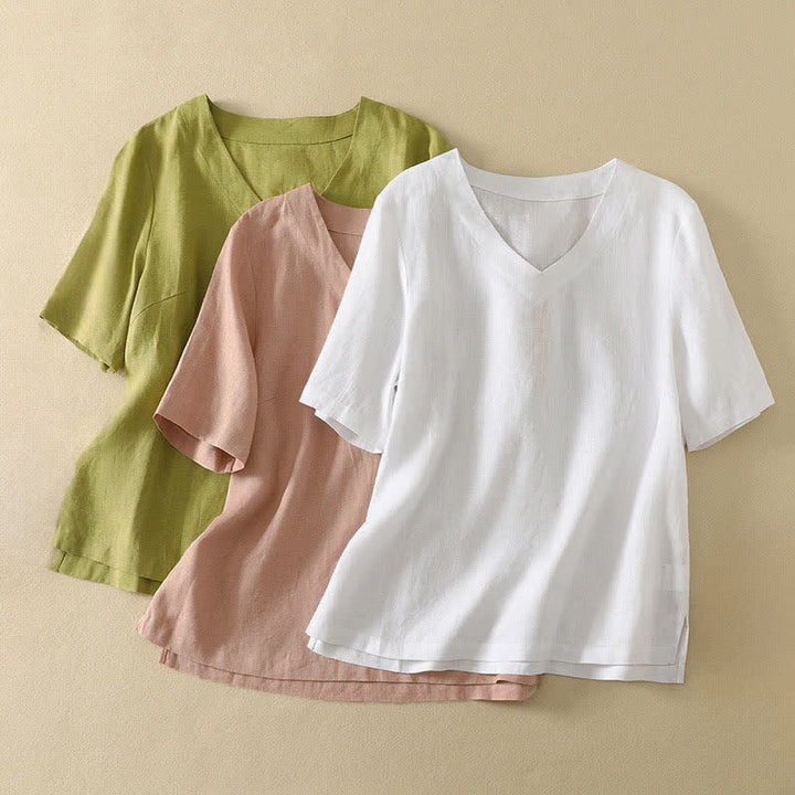 Buddha Stones T-shirts d'été minimalistes à col en V, unis, à manches courtes pour femmes - image 20